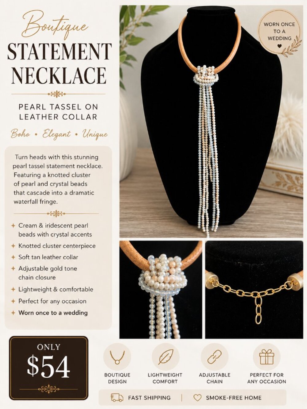 Boutique Pearl Tassel Statement Necklace on Leather Collar | Boho Chic